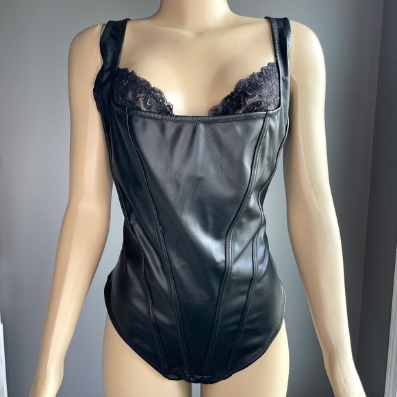 Popilush Lace Shapewear Bodysuits Tummy Control Faux Leather Thong Body Suit - Picture 2 of 11